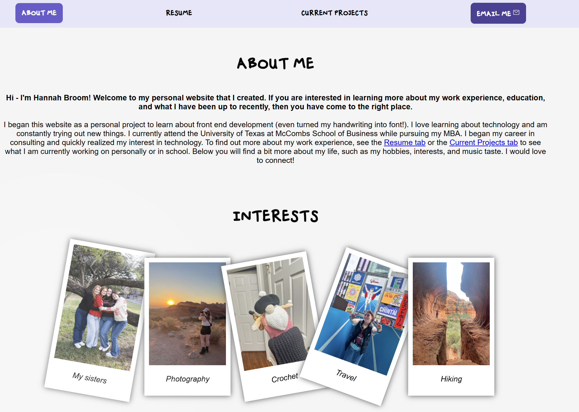 Earlier about page design with personal interest photos and lavender navigation