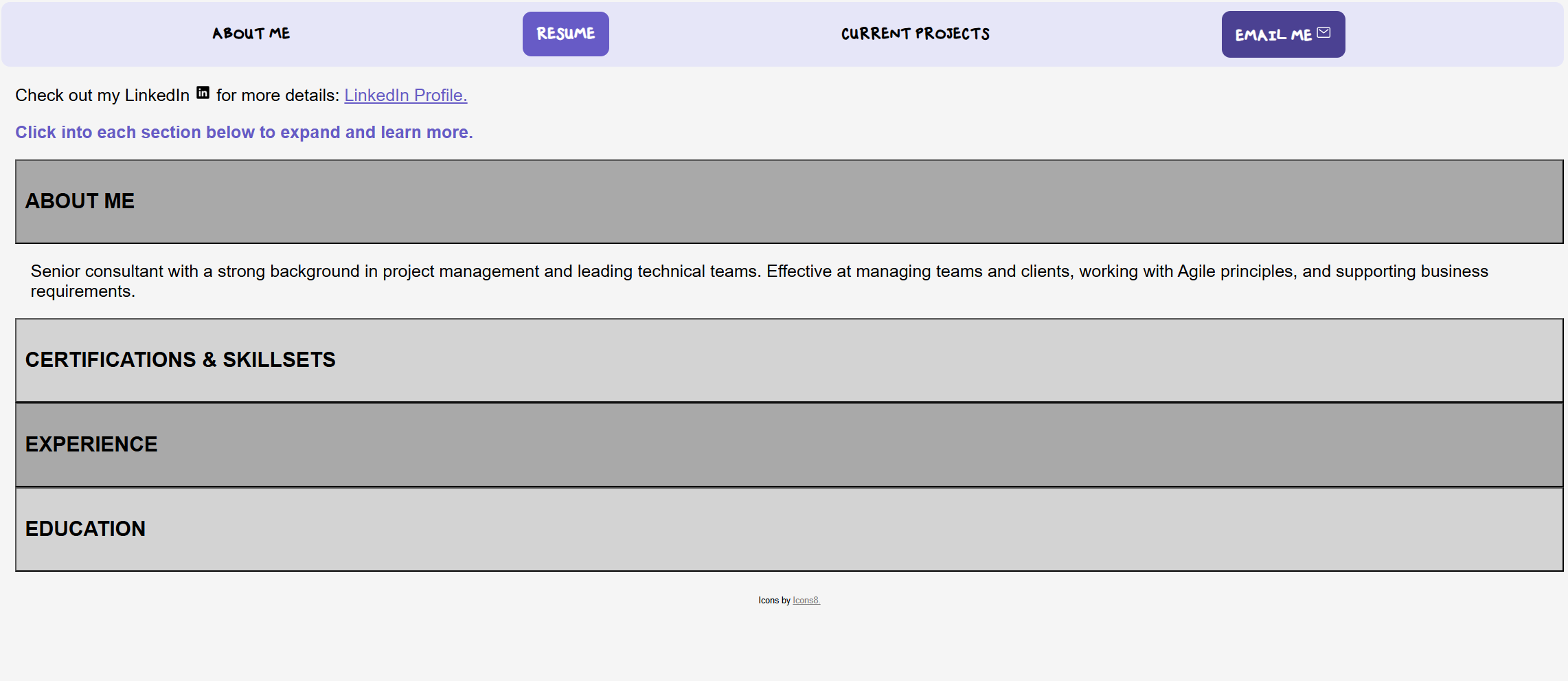 Earlier resume page design with lavender navigation and large grey expandable sections